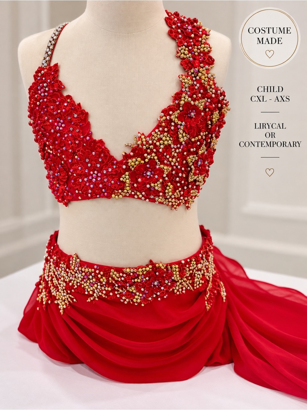 Handcrafted Red Beaded Dance Costume for girls size CXL- AXS